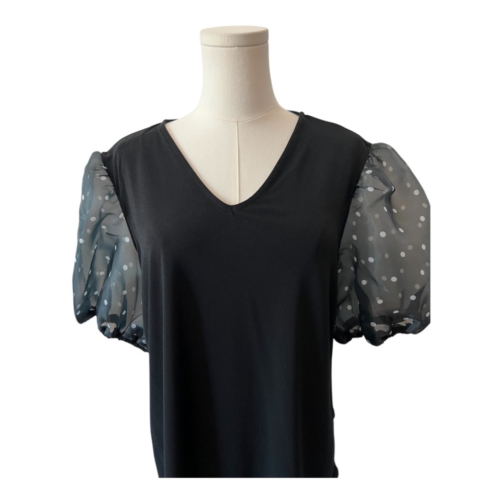 π EUC ADRIANNA PAPELL Black V-Neck Polka Dot Sleeve Top | Size L - Picture 2 of 8